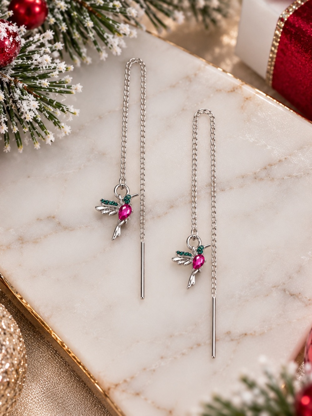 Silver Pink and Green Hummingbird Threader Earrings